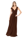 Chocolate A-Line V-Neck Cap Sleeves Long Bridesmaid Dress Layne