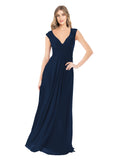 Dark Navy A-Line V-Neck Cap Sleeves Long Bridesmaid Dress Layne