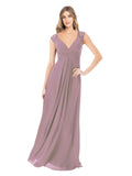 Dusty Rose A-Line V-Neck Cap Sleeves Long Bridesmaid Dress Layne