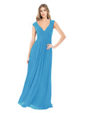 Peacock Blue A-Line V-Neck Cap Sleeves Long Bridesmaid Dress Layne