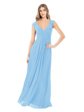 Periwinkle A-Line V-Neck Cap Sleeves Long Bridesmaid Dress Layne