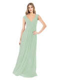 Sage A-Line V-Neck Cap Sleeves Long Bridesmaid Dress Layne