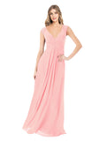 Salmon A-Line V-Neck Cap Sleeves Long Bridesmaid Dress Layne