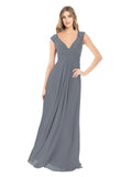 Slate Grey A-Line V-Neck Cap Sleeves Long Bridesmaid Dress Layne