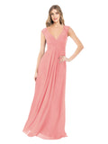 Watermelon A-Line V-Neck Cap Sleeves Long Bridesmaid Dress Layne