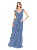 Windsor Blue A-Line V-Neck Cap Sleeves Long Bridesmaid Dress Layne