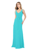 Aqua A-Line V-Neck Sleeveless Long Bridesmaid Dress Dina