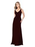 Burgundy Gold A-Line V-Neck Sleeveless Long Bridesmaid Dress Dina