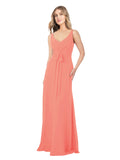 Coral A-Line V-Neck Sleeveless Long Bridesmaid Dress Dina