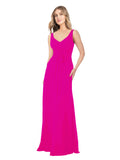 Fuchsia A-Line V-Neck Sleeveless Long Bridesmaid Dress Dina