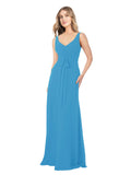 Peacock Blue A-Line V-Neck Sleeveless Long Bridesmaid Dress Dina