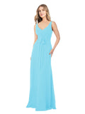 Sky Blue A-Line V-Neck Sleeveless Long Bridesmaid Dress Dina