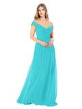 Aqua A-Line Off the Shoulder Sleeveless Long Bridesmaid Dress Alva