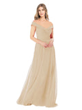 Champagne A-Line Off the Shoulder Sleeveless Long Bridesmaid Dress Alva