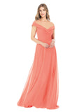 Coral A-Line Off the Shoulder Sleeveless Long Bridesmaid Dress Alva