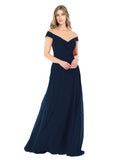 Dark Navy A-Line Off the Shoulder Sleeveless Long Bridesmaid Dress Alva