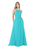 Aqua A-Line High Neck Sleeveless Long Bridesmaid Dress Cassiopeia