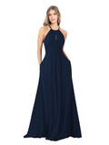 Dark Navy A-Line High Neck Sleeveless Long Bridesmaid Dress Cassiopeia