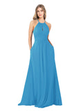 Peacock Blue A-Line High Neck Sleeveless Long Bridesmaid Dress Cassiopeia