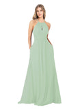 Sage A-Line High Neck Sleeveless Long Bridesmaid Dress Cassiopeia