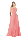 Watermelon A-Line High Neck Sleeveless Long Bridesmaid Dress Cassiopeia