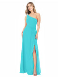 Aqua A-Line One Shoulder Sleeveless Long Bridesmaid Dress Doris