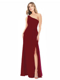 Burgundy A-Line One Shoulder Sleeveless Long Bridesmaid Dress Doris