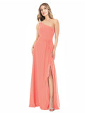 Coral A-Line One Shoulder Sleeveless Long Bridesmaid Dress Doris