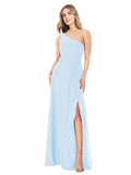 Light Sky Blue A-Line One Shoulder Sleeveless Long Bridesmaid Dress Doris