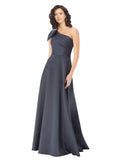 RightBrides Tobey Slate Grey A-Line One Shoulder Long Satin Bridesmaid Dress