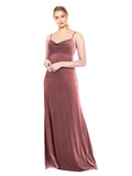 Dusty Blue A-Line Cowl Neck Long Sleeveless Stretch Velvet Bridesmaid Dress Saliba