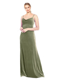 Dark Sage A-Line Cowl Neck Long Sleeveless Stretch Velvet Bridesmaid Dress Saliba