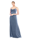 Dark Navy A-Line Cowl Neck Long Sleeveless Stretch Velvet Bridesmaid Dress Saliba