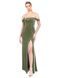 Dark Sage A-Line Strapless Off the Shoulder Long Sleeveless Stretch Velvet Bridesmaid Dress Zelaya