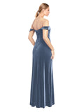 Dusty Blue A-Line Strapless Off the Shoulder Long Sleeveless Stretch Velvet Bridesmaid Dress Zelaya