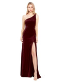 Burgundy A-Line One Shoulder Long Sleeveless Stretch Velvet Bridesmaid Dress Daniel