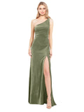 Dark Sage A-Line One Shoulder Long Sleeveless Stretch Velvet Bridesmaid Dress Daniel