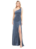 Dusty Blue A-Line One Shoulder Long Sleeveless Stretch Velvet Bridesmaid Dress Daniel