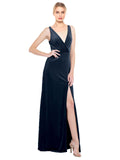 Dark Navy A-Line V-Neck Long Sleeveless Stretch Velvet Bridesmaid Dress Scotti