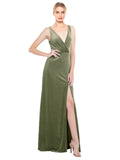 Dark Sage A-Line V-Neck Long Sleeveless Stretch Velvet Bridesmaid Dress Scotti