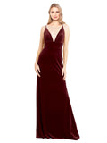 Burgundy A-Line V-Neck Long Sleeveless Stretch Velvet Bridesmaid Dress Sammi