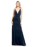 Dark Navy A-Line V-Neck Long Sleeveless Stretch Velvet Bridesmaid Dress Sammi