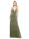 Dark Sage A-Line V-Neck Long Sleeveless Stretch Velvet Bridesmaid Dress Sammi