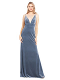 Dusty Blue A-Line V-Neck Long Sleeveless Stretch Velvet Bridesmaid Dress Sammi