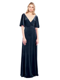 Dark Navy A-Line V-Neck Long Half Sleeves Stretch Velvet Bridesmaid Dress Dreher