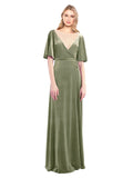 Dark Sage A-Line V-Neck Long Half Sleeves Stretch Velvet Bridesmaid Dress Dreher