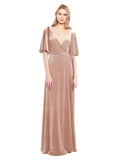 Pink A-Line V-Neck Long Half Sleeves Stretch Velvet Bridesmaid Dress Dreher