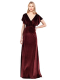 Burgundy A-Line V-Neck Long Sleeveless Stretch Velvet Bridesmaid Dress Pinto