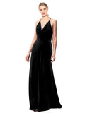 Black A-Line Halter Cowl Spaghetti Straps Long Sleeveless Stretch Velvet Bridesmaid Dress Kwete