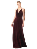 Burgundy A-Line Halter Cowl Spaghetti Straps Long Sleeveless Stretch Velvet Bridesmaid Dress Kwete